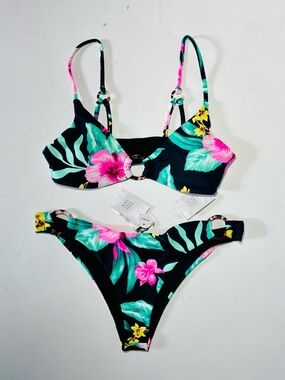 NWT Tilly’s Full Tilt Floral Tropical Skimpy Triangle Bikini Black Pink Green